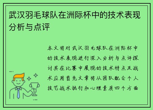 武汉羽毛球队在洲际杯中的技术表现分析与点评